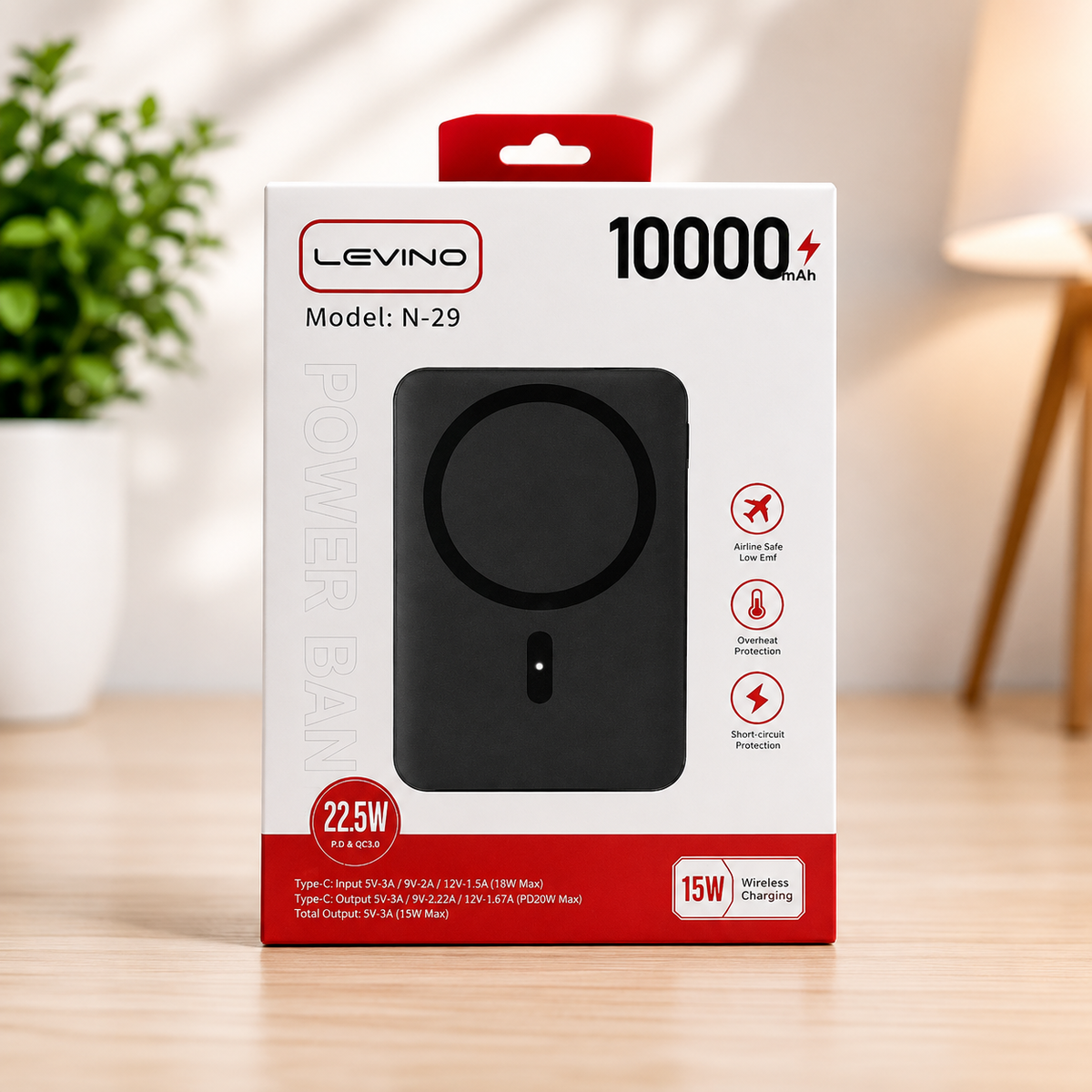 Levino N-29 10000mAh magnetic wireless power bank original retail box front view showing 22.5W PD QC3.0 and 15W wireless charging specs on wooden desk
