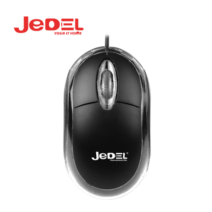 Jedel 220 USB optical mouse top view on white background showing matte black body with transparent scroll wheel and Jedel logo