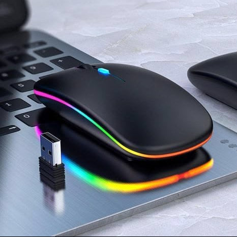 GUEETON wireless RGB mouse on laptop with USB nano receiver plugged in showing rainbow RGB glow
