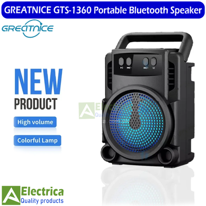 Greatnice GTS-1360 portable Bluetooth speaker product shot showing RGB colorful LED glow and carry handle on white background