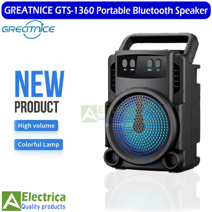 Greatnice GTS-1360 portable Bluetooth speaker product shot showing RGB colorful LED glow and carry handle on white background