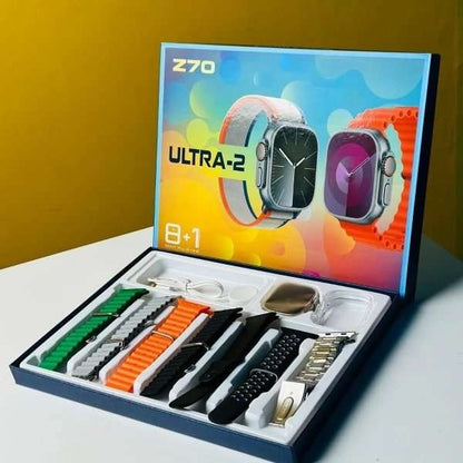 Z70 Ultra-2 smartwatch box open showing all 8+1 straps and silver watch body neatly arranged in packaging on yellow background