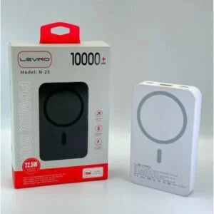 Levino N-29 10000mAh magnetic wireless power bank white and black versions beside original retail box showing 22.5W and 10000mAh
