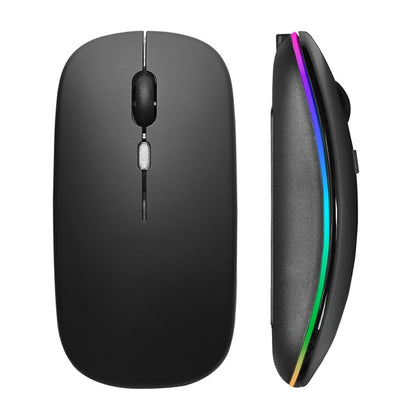 Enet wireless RGB mouse top and side view showing matte black body with rainbow RGB lighting on white background