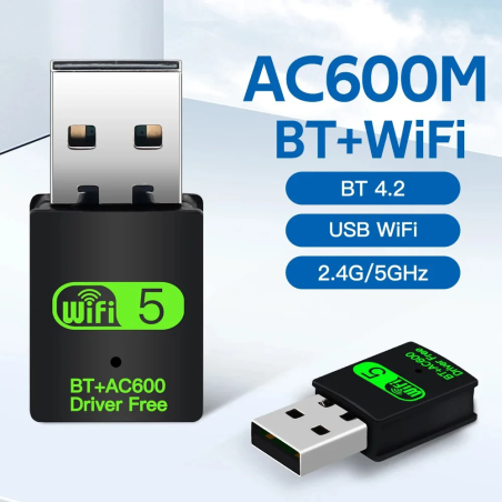 Haysenser MC-600BT WiFi + Bluetooth USB adapter product shot showing AC600M BT+WiFi, BT 4.2, 2.4G/5GHz specs on blue background