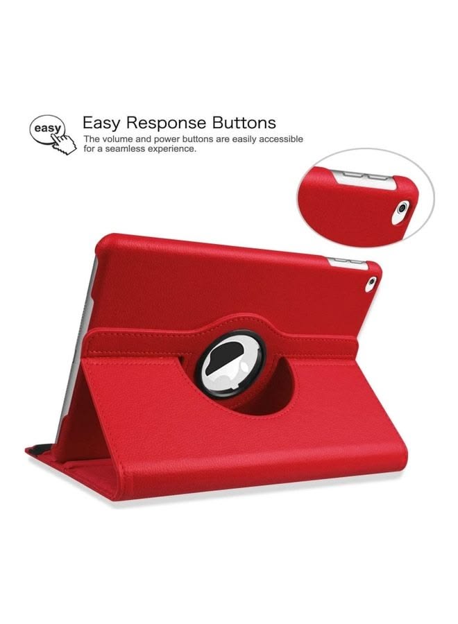 360 degree rotating iPad flip cover red color in stand mode showing easy response button cutouts on white background