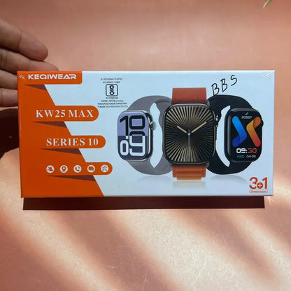 KEQIWEAR KW25 Max Series 10 original box showing 3+1 strap combo with gray, orange woven and black straps
