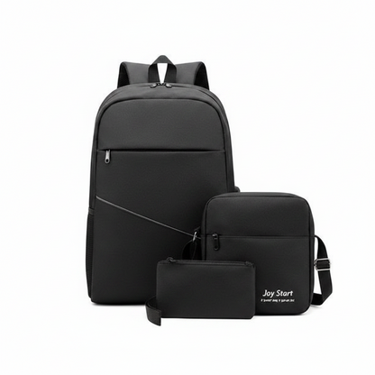 Joy Start 3-in-1 backpack set black color showing large backpack, crossbody shoulder bag and pencil pouch on white background