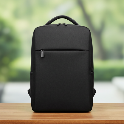 Classic minimalist laptop backpack black front view on wooden table with blurred green park background showing top handle and front zip pocket