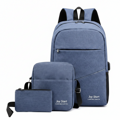 Joy Start 3-in-1 backpack set blue color showing large backpack, crossbody shoulder bag and pencil pouch on white background
