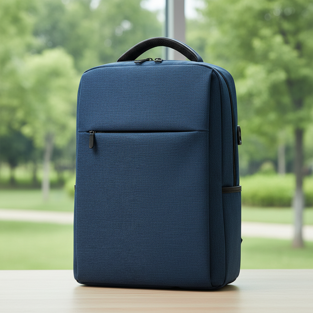 Classic minimalist laptop backpack navy blue front view on wooden table with green park and glass window background showing top handle
