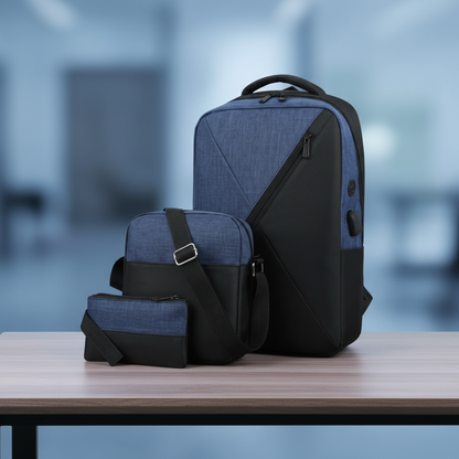 3-in-1 V-design laptop backpack set blue and black showing backpack with V-zip, crossbody bag and wallet pouch on wooden table with blue office background