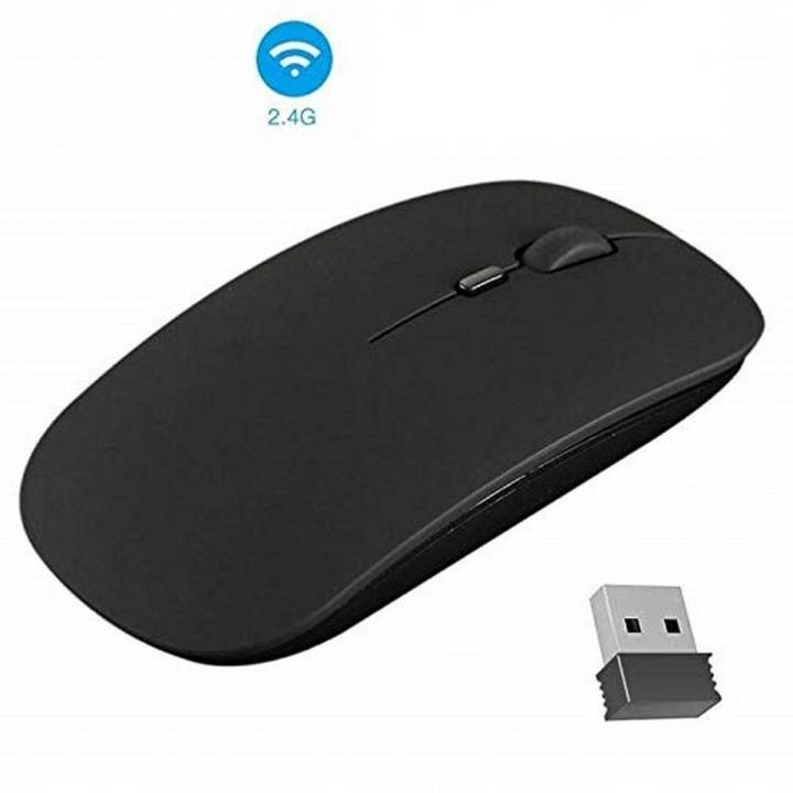 2.4GHz ultra-slim wireless optical mouse top view with USB nano receiver on white background showing 2.4G WiFi icon