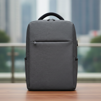 Classic minimalist laptop backpack dark gray front view on wooden table with blurred city building background showing top handle and side pockets
