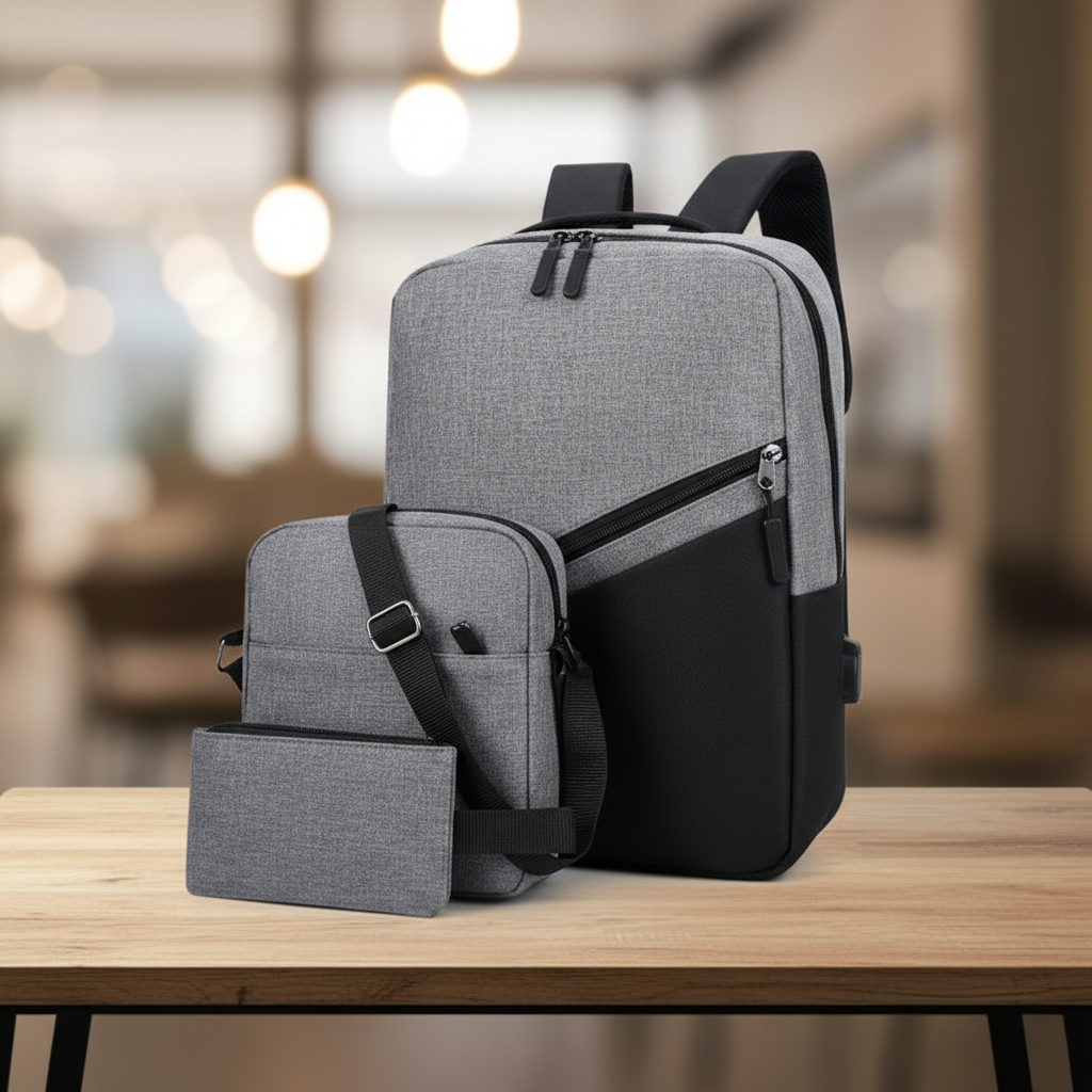 Premium 3-in-1 two-tone laptop backpack set gray and black showing backpack crossbody bag and wallet pouch on wooden table with blurred cafe background