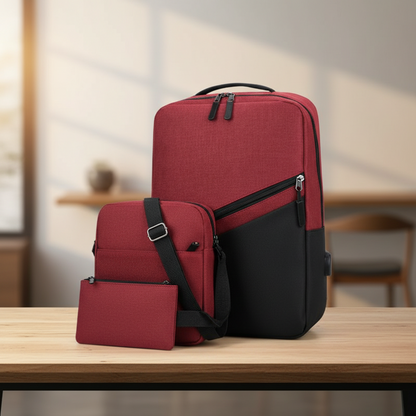 Premium 3-in-1 two-tone laptop backpack set red and black showing backpack crossbody bag and wallet pouch on wooden table with blurred interior background