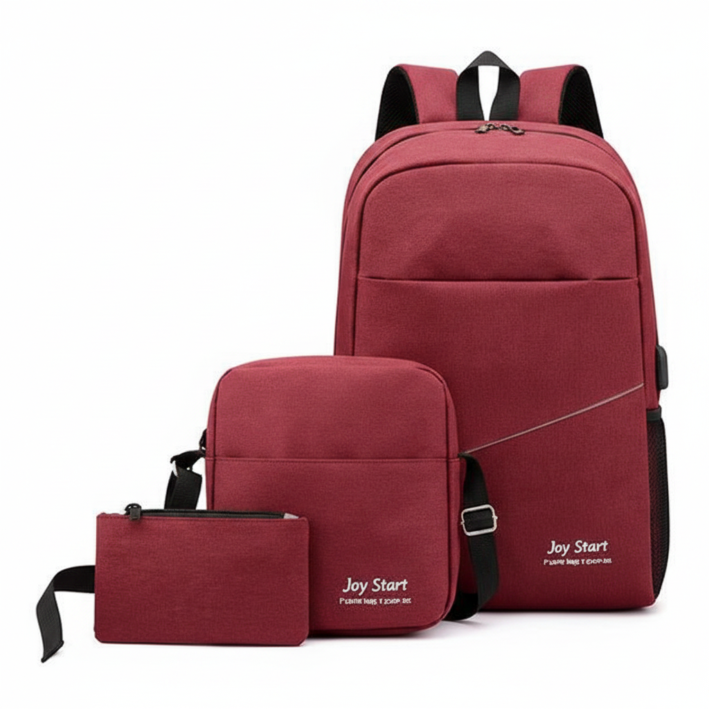 Joy Start 3-in-1 backpack set red color showing large backpack, crossbody shoulder bag and pencil pouch on white background