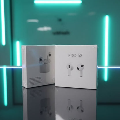 Pro 6S TWS earbuds original white box front and back view on reflective surface with neon green ambient lighting